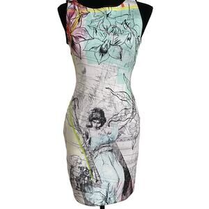 Clover‎ Canyon Roman Renaissance Print Cutout Bodycon Neoprene Dress Med Knee L